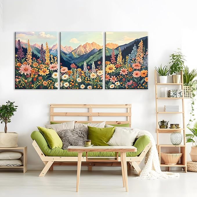 Framed Mountain Daisy Wildflower Landscape Wall Art, Boho Floral Wall Decor, Colorful Daisy Flower Canvas Paintings, Vintage Nature Botanical Poster Prints for Living Room Bedroom 16x24in