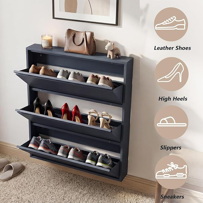 LUCYPAL Shoe Storage Cabinet with 3 Flip Drawers,Freestanding Organizer Metal Wall Shoe Cabinet for Entryway, Narrow Shoe Rack Cabinet for Living Room,Blue