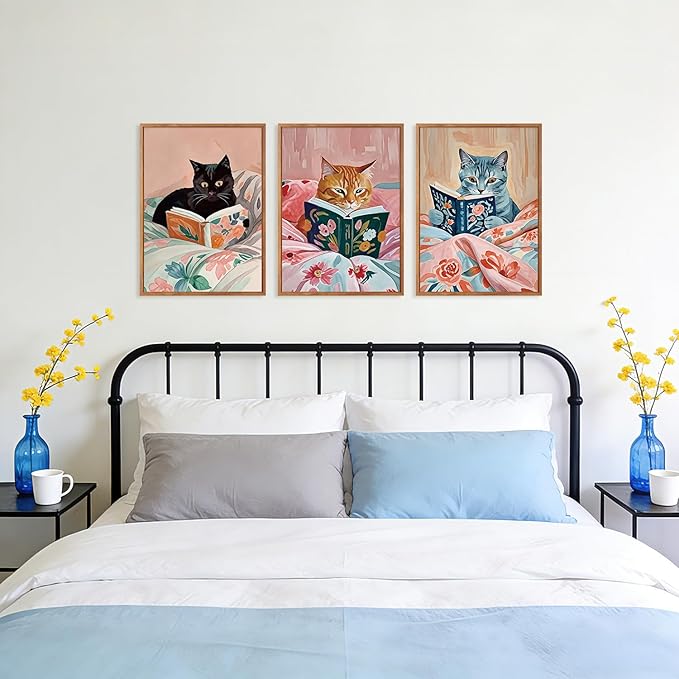 HPNIUB Framed Vintage Black Cats Canvas Wall Art, Funny Animal Reading Books Poster Printing Pictures, Pink Cute Cat Lovers Wall Decor for Girls Room Bedroom Living Room(Set of 3,12X16 Inch)