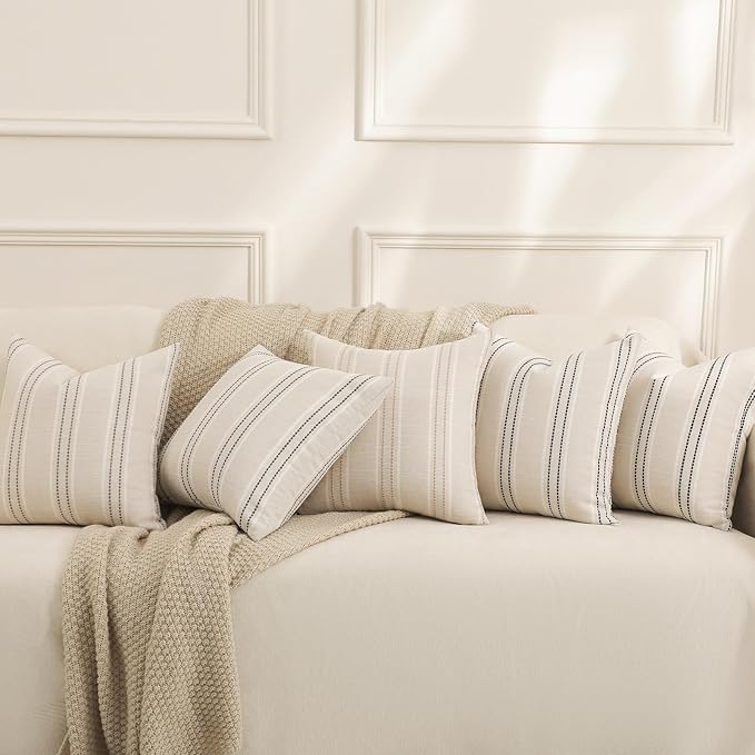 Hckot Throw Pillow Covers 22x22 Set of 2 Striped Pillow Covers Textured Linen Decorative Pillows Square Cushion Covers for Sofa Couch Bed Living Room Farmhouse Decor, Grey