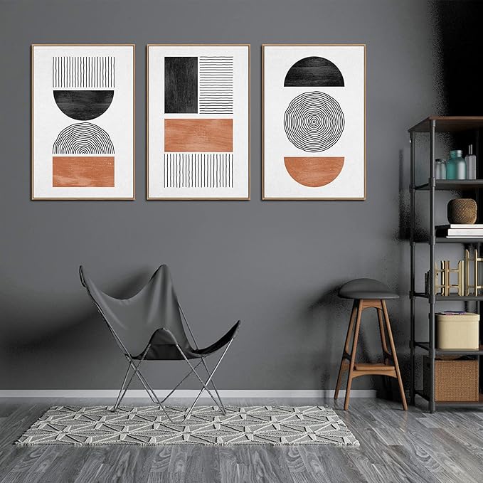 arteWOODS Framed Wall Art Canvas Set Mid Century Boho Pictures Modern Geometric Wall Decor Minimalist Black Brown Bohemian Abstract Painting Artwork for Living Room Bedroom Office 32" x 48" *3 Natural