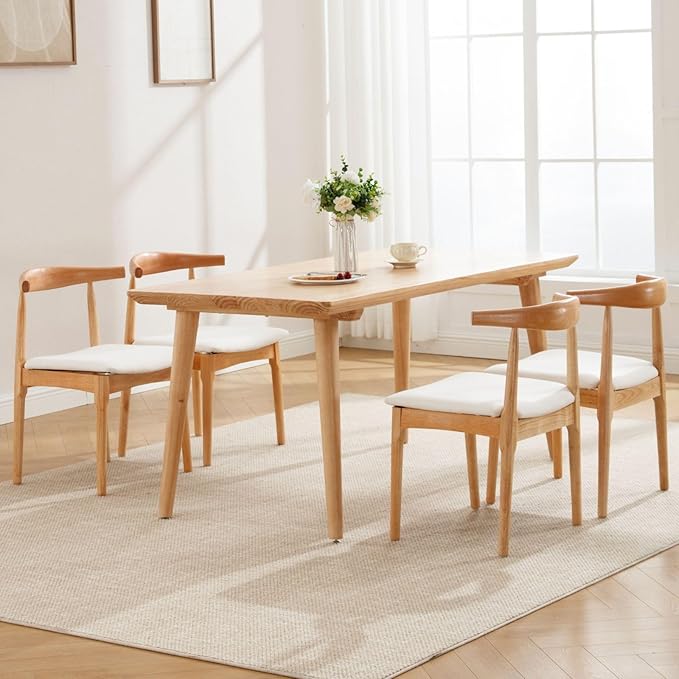 ROCITY Wood Dining Chairs Set of 2 Fabric Kitchen Chairs with Linen Cushion and Barrel Backs Mid Century Modern Dining Room Chairs, Natural Wood