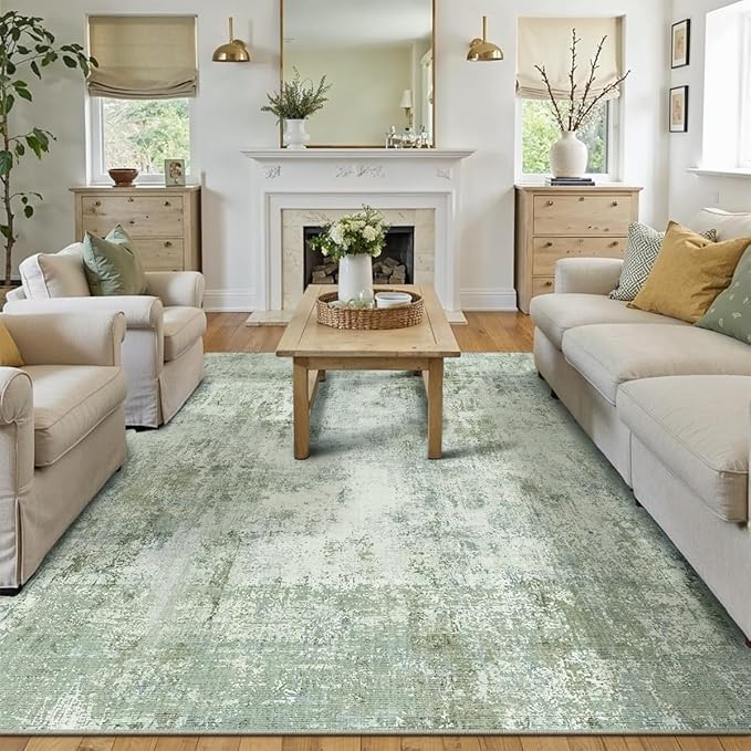 8x10 Washable Area Rug Sage Green Abstract Non Slip Soft Low Pile Rug for Living Room Bedroom Dining Room Office Neutral Modern Indoor Large Throw Carpet for Home Decor