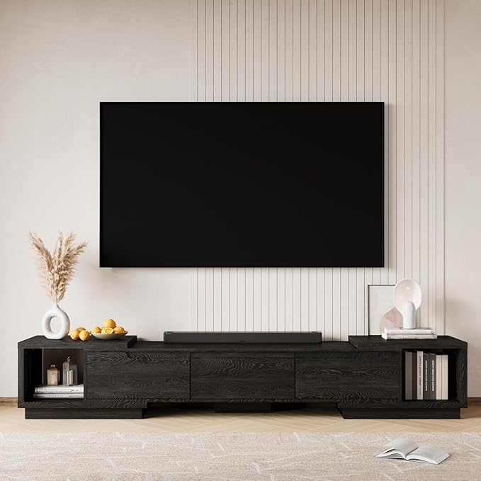MEISSALIVVE Extendable TV Stand for Up to 120 Inch TV, Modern Entertainment Center with 3 Drawers & 2 Storage Compartments, Adjustable Length (65"-103"), TV Consoles for Living Room & Bedroom (Black)