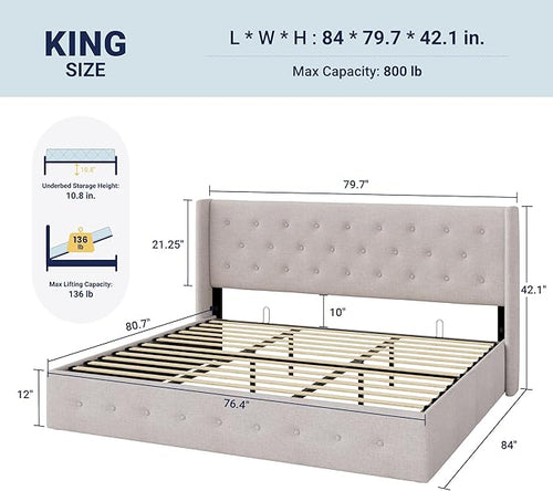 Allewie King Size Lift Up Storage Bed, Button Tufted Headboard with Wingback, Hydraulic Support, No Box Spring Needed, Light Beige
