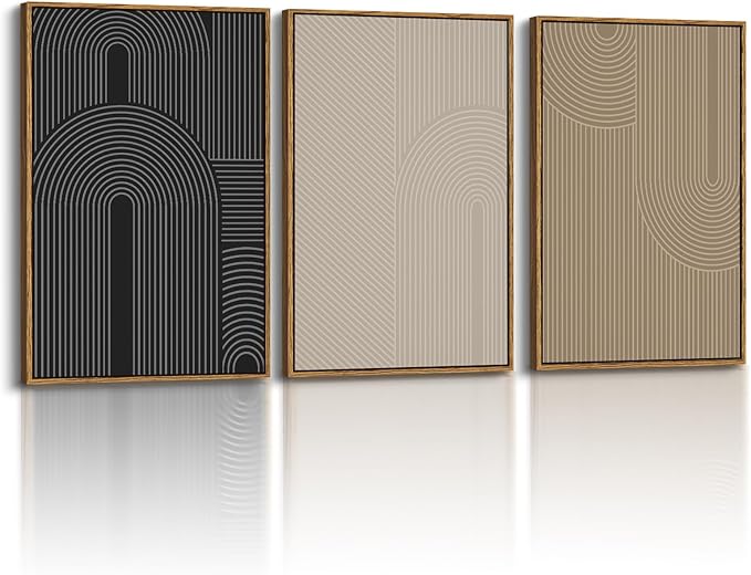 Modern Geometric Line Wall Art Set of 3 Neutral Abstract Canvas Prints, Large 16x24 3 Piece Black Beige Taupe Contemporary Home Artwork, Minimalist Mid Century Living Room Bedroom Office Decor