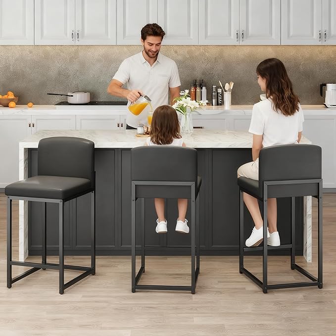 GarveeHome Bar Stools Set of 2, Modern Counter Height Bar Stools with Back and Footrest, Faux Leather Upholstered Barstools Chairs for Kitchen Island Dining Room Bar, Black