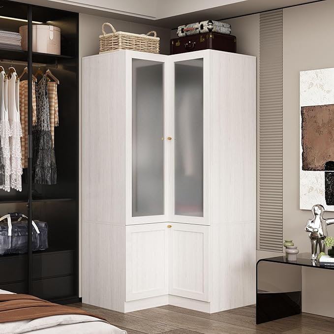 MOUMON 70.9" L-Shaped Corner Wardrobe with Frosted Glass Doors, Armoire Closet with Hanging Rod, Space-Saving, Light Oak 35.4”W x 35.4”D x 70.9”H