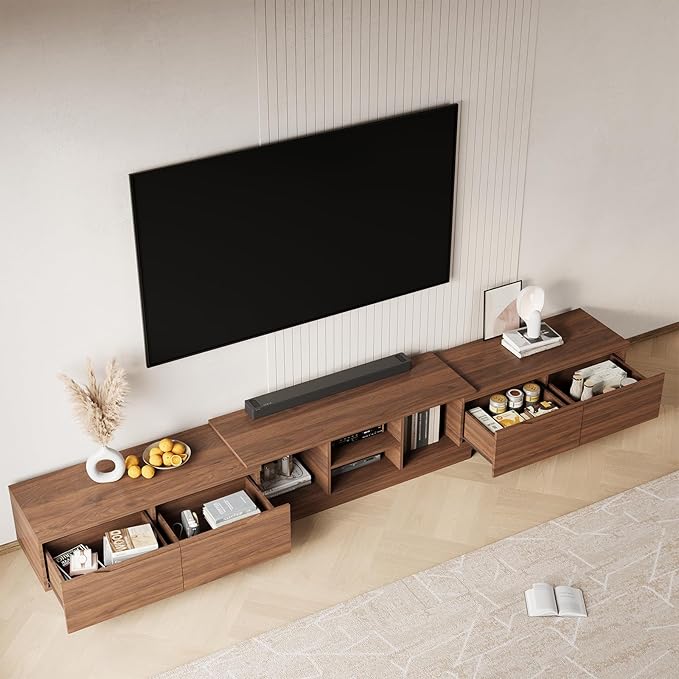 MEISSALIVVE Extendable TV Stand for Up to 120 Inch TV, Modern Entertainment Center with 4 Drawers & 2 Storage Compartments, Adjustable Length (95"-121"), TV Consoles for Living Room (Walnut)