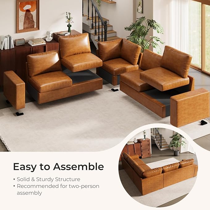 ELUCHANG 113" V-Shaped Modular Sectional Sofa Couch, Modern 5-Seat Premium Faux Leather Deep Seat Sofa with Corner, Removable Cover, Easy Assembly, Large Sofas & Couches for Living Room, Office, Brown | Spring Cushions, Easy to Clean