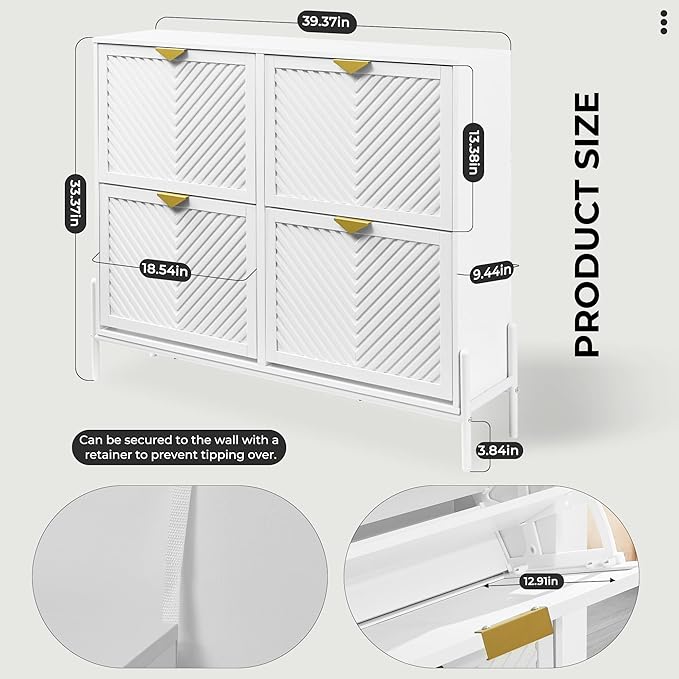 Shoe Cabinet Storage with 4 Flip Drawers, Narrow Hidden Shoes Organizer Cabinet for Entryway, Freestanding Slim Shoe Rack Front Door Entrance(White)