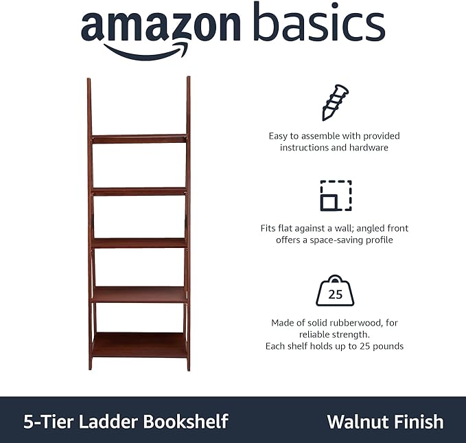 Amazon Basics 5-Tier Ladder Bookshelf Storage Organizer, Solid Rubberwood Frame, Space-Saving Bookcase, Sturdy Shelves, Walnut Finish, 14" D x 24.8" W x 70.1" H