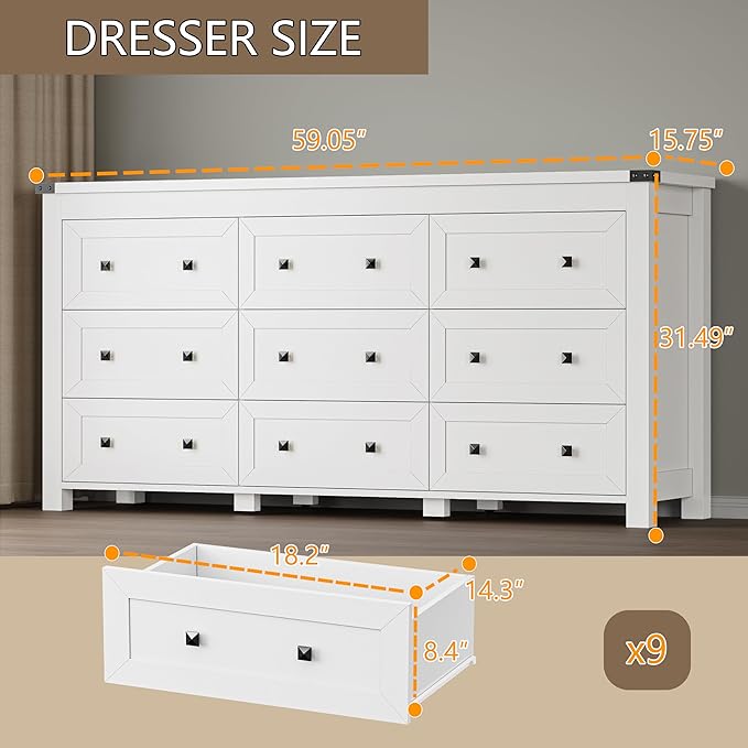BORNOON 9-Drawer Dresser, Modern Wooden Storage Chest of Drawers, Dresser TV Stand, Wood Drawer Organizer with Metal Handles for Bedroom, Living Room, Hallway