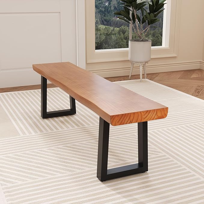 Solid Wood Top Bench with Metal Legs Durable Long Bench for Home Office Living Room Dining Room Versatile Multi Size Options Perfect Chair Stool Dining Bench Dining Chair (Light brown bench, 55.12in)