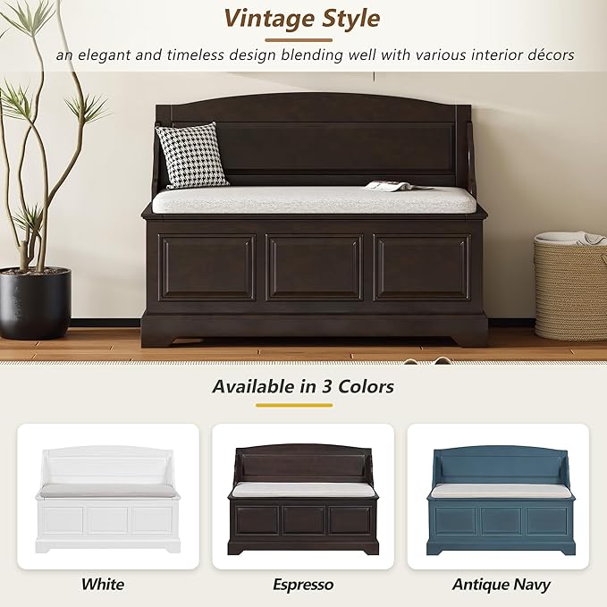 LUMISOL Shoe Storage Bench with Cushion, 41.7“ Farmhouse Entryway Bench with Soft-Close Devices and Hidden Storage, Upholstered Storage Ottoman for Living Room, Entryway, Bedroom, Espresso