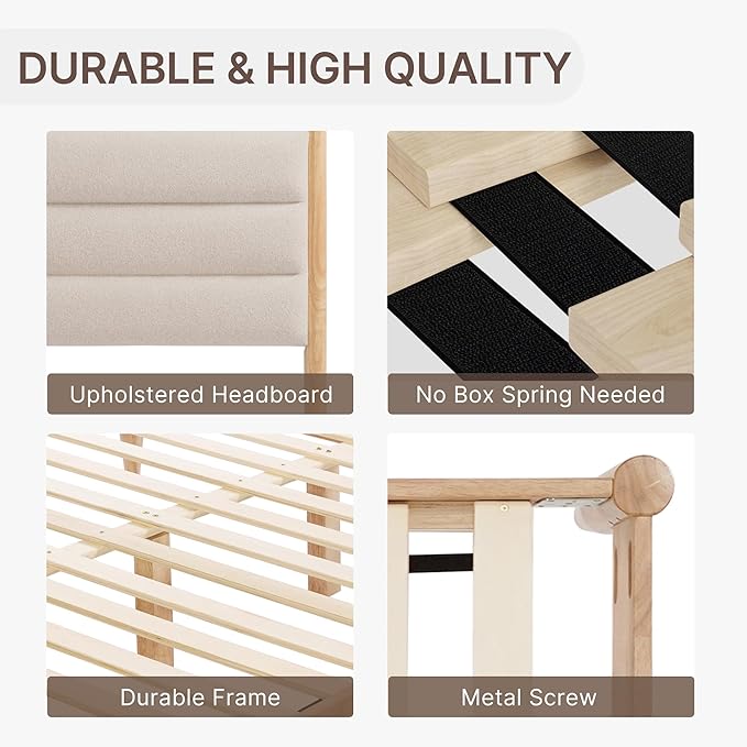 KISLOT Wood Bed Frame with Upholstered Headboard Wooden Platform with Silent Slat Support Mattress Foundation No Box Spring Needed, Easy Assembly