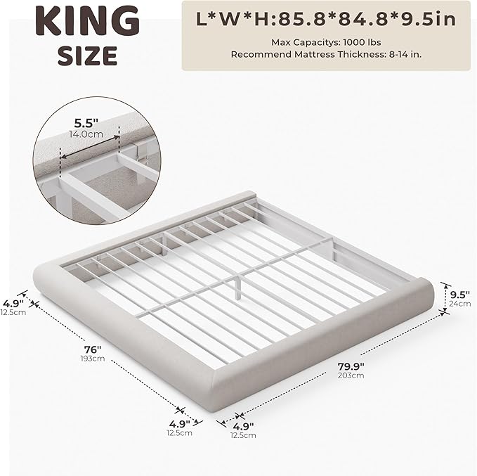 RECCI AirFrame Half-Moon Upholstered King Platform Bed Frame, Velvet Curved Arched Base, 5 Inch Fully Round Cushioned Foam, No Box Spring Needed, Easy Assembly | Round Shaped, Boucle, Low-profile, Soft