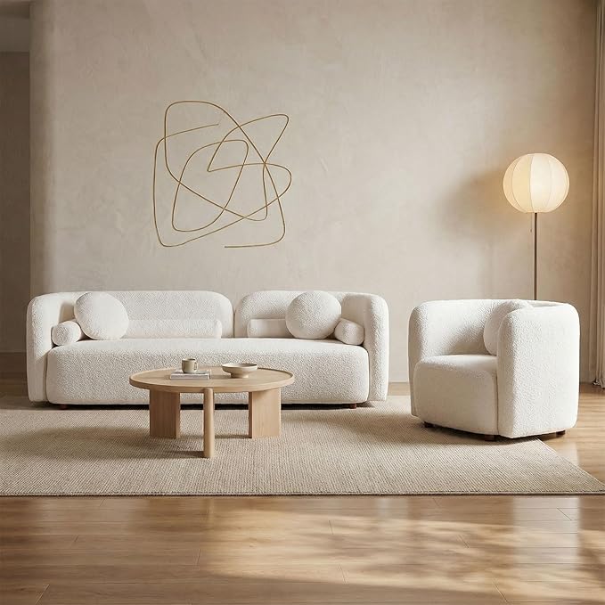 Curved Sofa Set for Living Room, 3-Seater Upholstered Boucle Fabric Modern Sofa Set of 2 Piece Couch Set Rectangular Sofa with Oversized Single Sofa Chair Modern Sofa Set Home Bedroom Office White