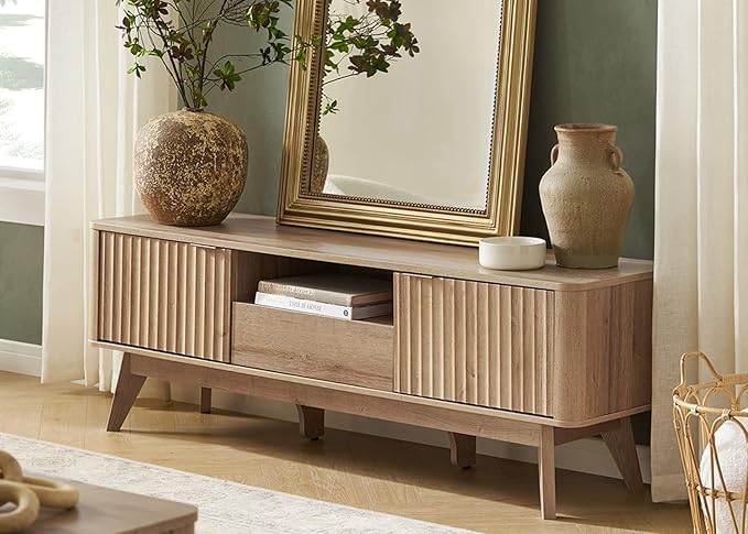 mopio Brooklyn Mid-Century Modern TV Stand, for TVs up to 50” / 59" Waveform Panel, Sleek Curved Profile with Adjustable Shelf and Sturdy Box Frame Leg (Golden Oak, 57")