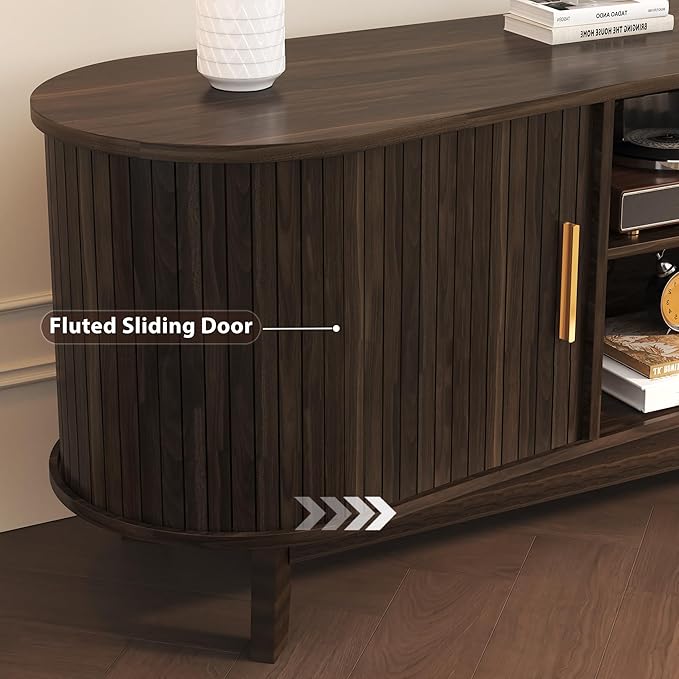 Mid Century Modern TV Stand, Fluted TV Stands with Open Shelves and Sliding Door for 65 Inch TVs, Media Cabinet with Power Outlet, Entertainment Center with Storage for Living Room, Walnut
