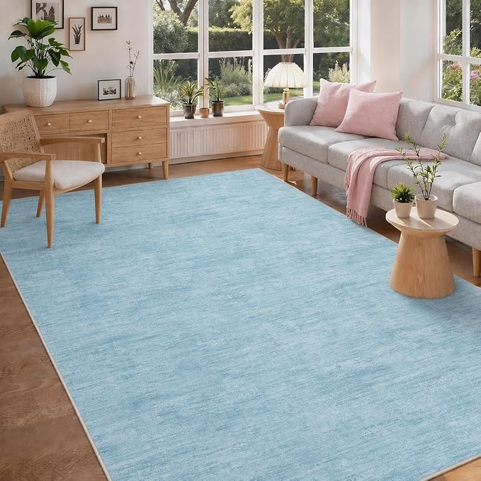 RUGSREAL 8x10 Washable Rug for Living Room Non-Slip Modern Abstract Area Rug Stain Resistant Large Bedroom Rug Contemporary Accent Throw Floor Carpet Solid Rug for Dining Room Home Decor, Blue