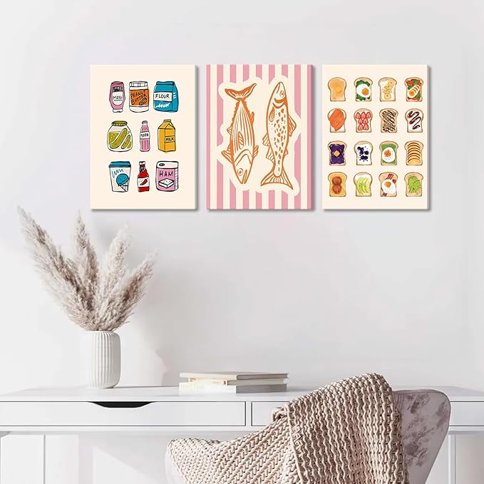 Cute Funny Kitchen Wall Art Set of 3, Fashion Breakfast Food Avocado Toast Canvas Prints Poster, Vintage Simple Sardines Watercolor Picture for Dining Room Kids Room Wall Decor 16x24 Inch Framed