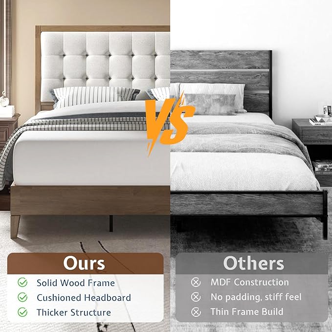 Jocisland Solid Wood Full Size Bed Frame 50.2" Tall Upholstered Headboard, Mid-Century Style, Stable Platform Support, No Box Spring Needed, Ash Gray