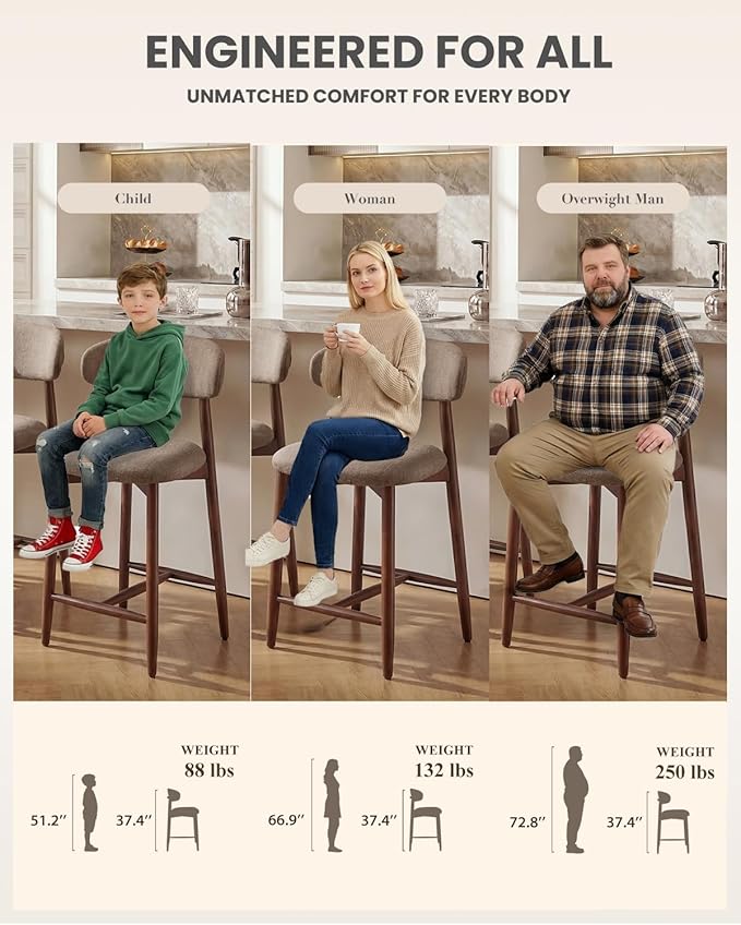 Bar Stools Set of 4, 25.6″ Counter Height Bar Stools with Wood Legs, Upholstered Modern Kitchen Barstools for Kitchen Island Dining Room Bar, Camel