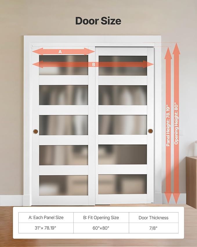 VEVOR Sliding Closet Door, 60" (Double 31") x 80", 5-Lite Frosted Glass with Hardware Kit & Floor Guide, Solid Wood & MDF Slab with Waterproof PVC Surface, Pre-Drilled Doors Panel, Need to Assemble