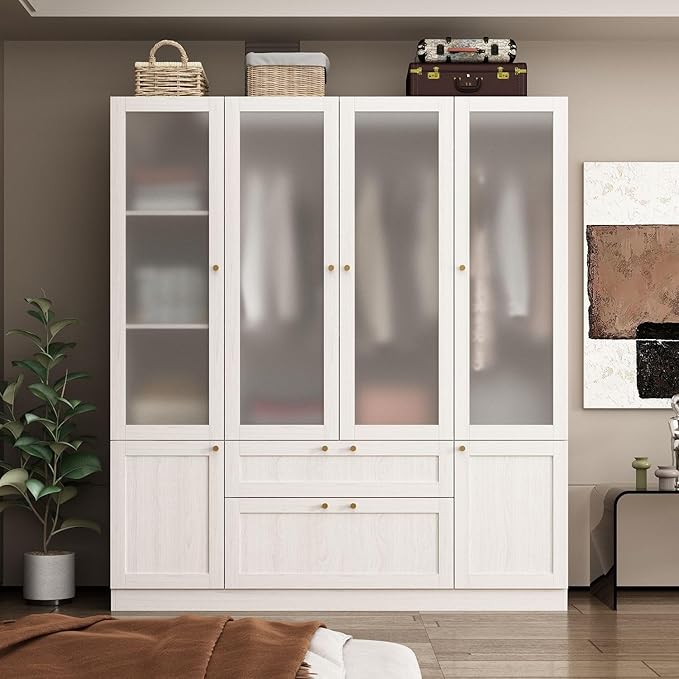 MOUMON 70.9" 4-Door Wardrobe Closet with Frosted Glass Doors & 2 Drawers, Double Hanging Rods & Shelves, Wide Armoire Closet Light Oak 63”W x 19.7”D x 70.9”H