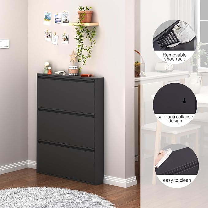 LUCYPAL Slim Shoe Cabinet,Metal Shoe Storage Cabinet for Entryway with 3 Flip Drawers,Narrow Wall Shoe Cabinet for Entryway,Hallway,Living Room,Black,Require Assembly