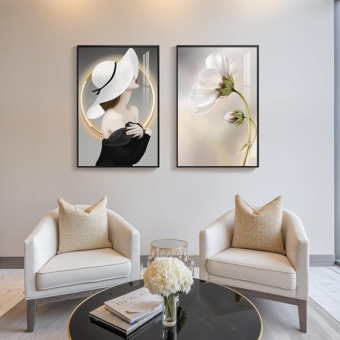 Framed Modern Woman Wall Art for Girls Bedroom, Set of 2 Black and White Luxury Floral Artwork for Walls, Large Bright Style Modern Art Picture Print for Living Room Office Hallway Bedroom, 20x30 Inch