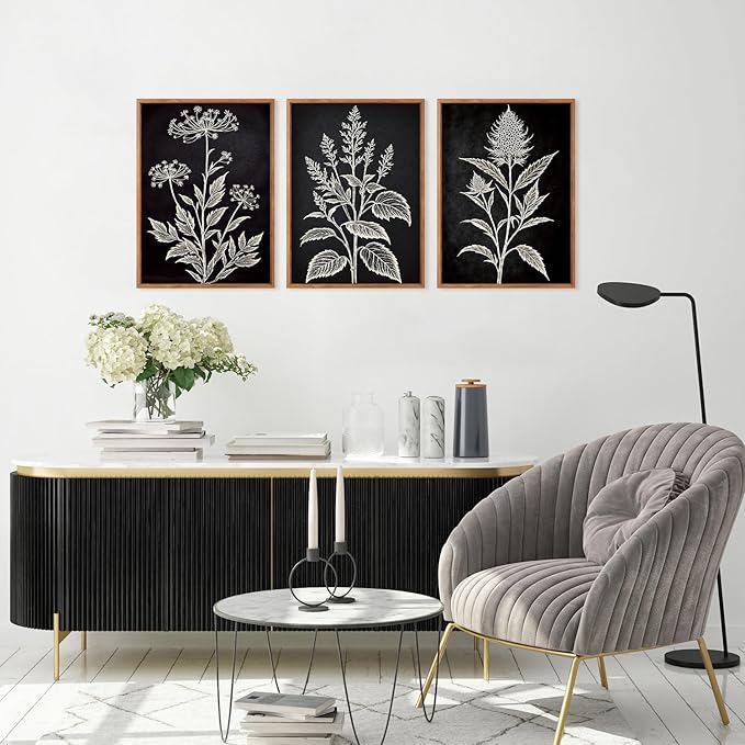 HPNIUB Vintage Floral Framed Canvas Wall Art Set, Minimalist Botanical Wall Decor, Nature Inspired Wildflower Leaf Wall Painting, Neutral Artwork for Living Room, Office(Set of 3,12X16 Inch)