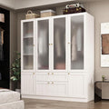 MOUMON 70.9" 4-Door Wardrobe Closet with Frosted Glass Doors & 2 Drawers, Double Hanging Rods & Shelves, Wide Armoire Closet Light Oak 63”W x 19.7”D x 70.9”H