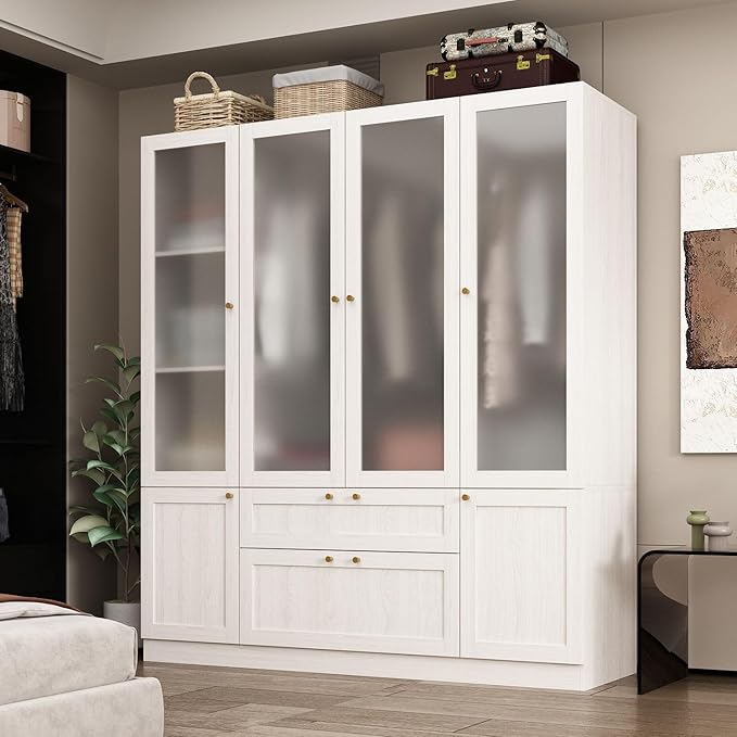MOUMON 70.9" 4-Door Wardrobe Closet with Frosted Glass Doors & 2 Drawers, Double Hanging Rods & Shelves, Wide Armoire Closet Light Oak 63”W x 19.7”D x 70.9”H