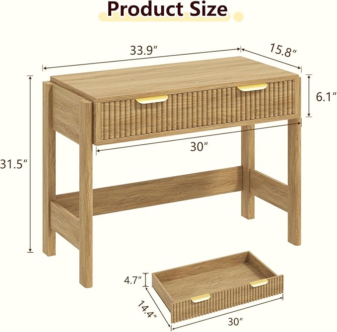 YOMILUVE 34 Inch Small Computer Desk with Drawer, Fluted Computer Desk with Storage, Wooden Desks Compact Writing Study Table for Small Spaces, Oak