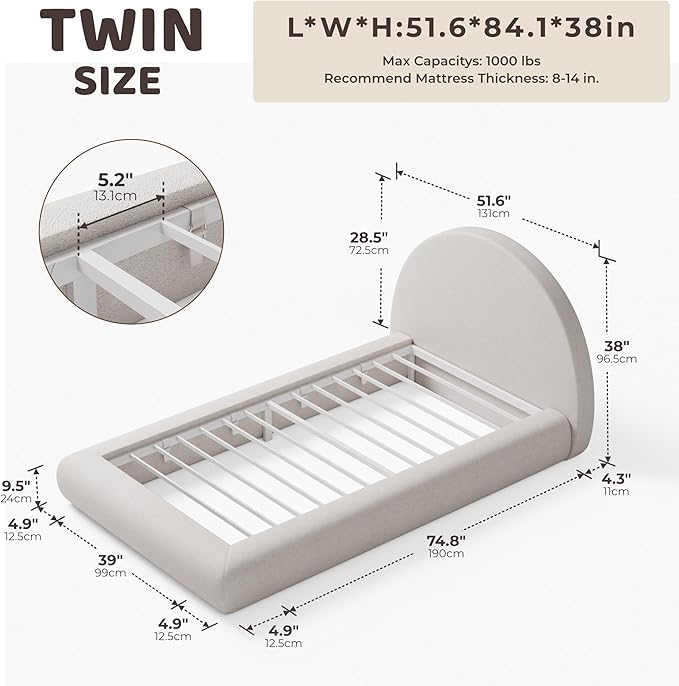 RECCI AirFrame Half-Moon Upholstered Twin Platform Bed Frame, Velvet Curved Arched Base with Headboard, 5 Inch Fully Round Cushioned Foam, No Box Spring Needed, Easy Assembly | Round Shaped, Boucle, Low-profile, Soft