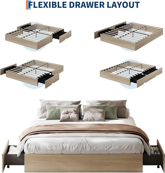 GarveeHome Queen Size Wood Platform Bed Frame with 2 Storage Drawers, Wooden Bed Frame Without Headboard, Wood Slat Support, No Box Spring Needed, Easy Assembly