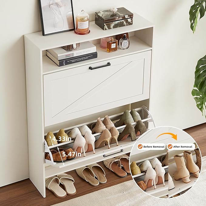 RWYHG Shoe Cabinet Storage for Entryway with 2 Flip Drawers Open Storage Layer Rack Narrow Organizer Slim Hidden Wood Shoe Cabinet Furniture White