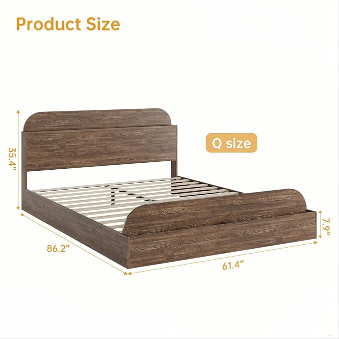 GarveeHome Queen Size Bed Frame, Wooden Beds with Storage Headboard and Raised-Foodboard, Queen-Floor Low Platform Bed for Bedroom, Sturdy Wooden Slats Support, No Box Spring Needed, Walnut