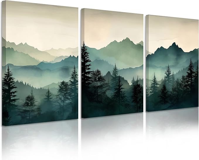 Mountain Wall Art Decor Set of 3 Sage Green Forest Canvas Wall Art Prints Nature Landscape Wall Decor Watercolor Pine Tree Pictures Abstract Modern Painting for Living Room Bedroom 12x16 Inch Framed