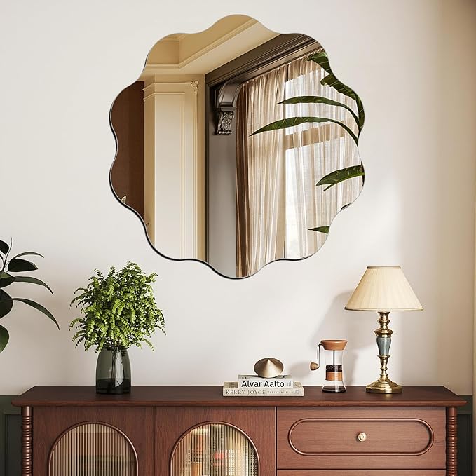 DARENYI Round Wavy Mirror for Wall Decor, 16 inch Acrylic Circle Scalloped Wall Mirror for Bathroom, Bedroom, Living Room, Entryway, Home Decor