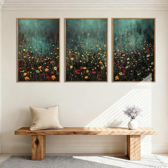 Anyzal Large Dark Moody Wildflowers Framed Wall Art 16x24 Inch Green Watercolor Floral Landscape Canvas Wall Decor Modern Botanical Prints for Living Room Bedroom Office Set of 3