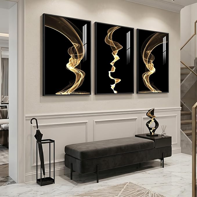 3 Piece Large Framed Abstract Wall Art for Living Room, Black and Gold Modern Artwork for Walls, Contemporary Luxury Bright Style Pictures Prints Paintings for Hallway Office Wall Decor 24x36 Inch