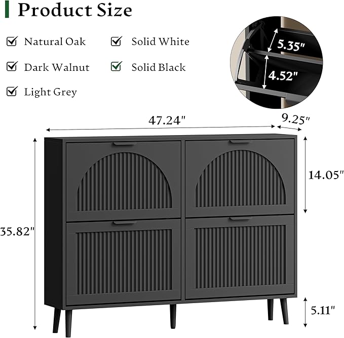 Xixini Shoe Storage Cabinet with 4 Flip Drawers, 36" Freestanding Wood Fluted Shoe Organizer for Entryway, Tall Narrow Wooden Hidden Slim Shoe Rack for Front Door Entrance, Hallway, Foyer, Solid Black
