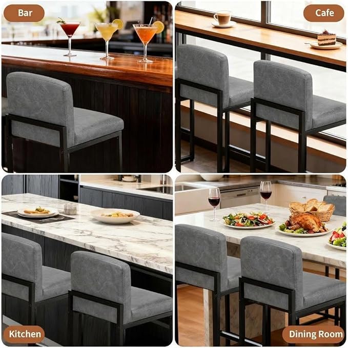 GarveeHome Bar Stools Set of 6, Modern Counter Height Bar Stools with Back and Footrest, Faux Leather Upholstered Barstools Chairs for Kitchen Island Dining Room Bar, Grey