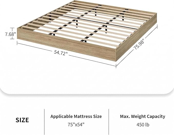 Full Size Solid Wood Platform Bed with Sturdy Wooden Slats, Floor-Standing Bed Frame, Modern Minimalist Design Space-Saving Bed Frame, No Box Spring Needed, Space Saver,Easy Assembly, Golden Tan Wood
