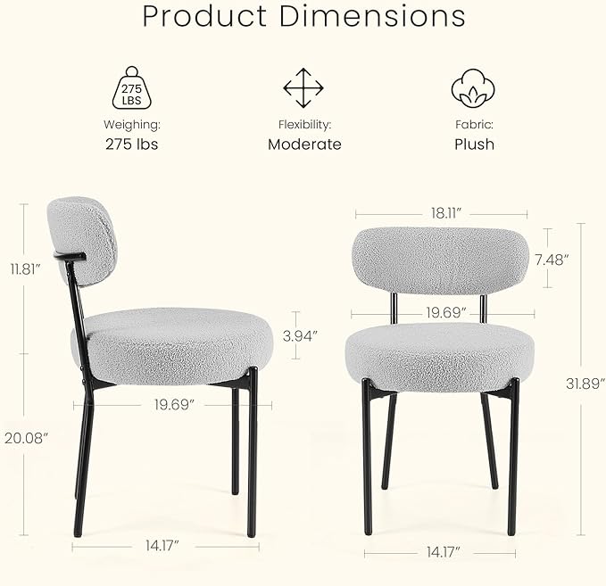 DUMOS Dining Chairs Set of 6, Mid Century Modern Chair Round Upholstered Curved Backrest, Kitchen Vanity Living Room Chairs with Black Metal Legs，Light Grey