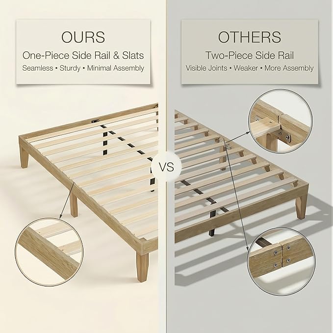 King Bed Frame Wood Platform Bed with Wooden Slats Support 8.5-inch Underbed Space for Storage No Box Spring Needed - Noise-Free Design-Easy Assembly - Minimalist Style