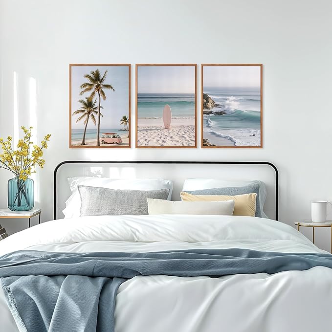 HPINUB Beach Seascape Framed Canvas Wall Art,(Set of 3,12X16 Inch) Palm Tree Surfboard Nature Wall Decor,Modern Coastal Landscape Artwork Relax Summer Ocean Art Print For Living Room,Bathroom Decor
